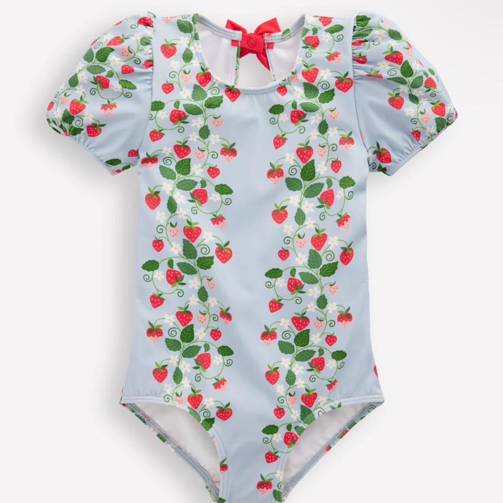Boden - Puff Sleeve Swimsuit Misty Blue Strawberry Vine